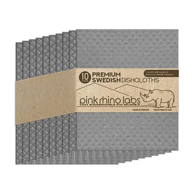 Swedish Dishcloths for Kitchen - 10 Pack of Eco-Friendly Kitchen Towels and Dishcloths Sets Reusable Paper Towels - Cellulose Dish Sponge Cleaning Cloth - Kitchen Dish Towels by PINK RHINO LABS (Grey)
