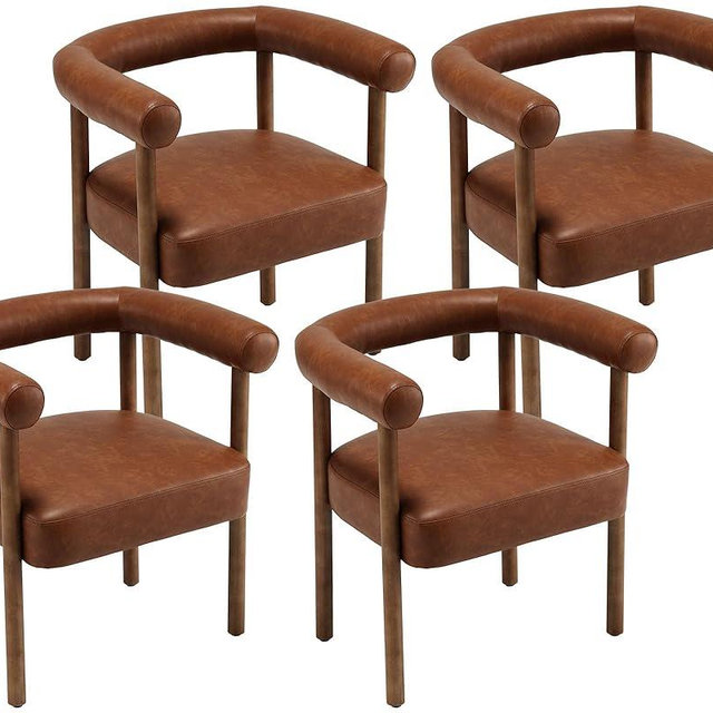 VESCASA Upholstered Dining Chairs with Natural Brush Wood Legs, Faux Leather Mid-Century Modern PU Dining Chairs with Curve Padded Open Back for Dining Room, Kitchen, Set of 4, Brown