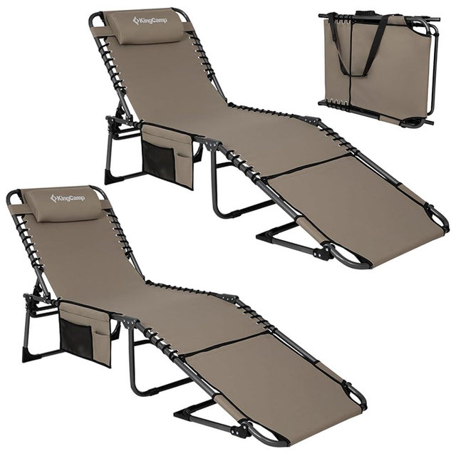 KingCamp 2 Pack Tanning Chair with Face Hole, Lounge Chairs Outdoor Folding Portable Comfy Adjustable 5-Position Lay Flat Foldable Chaise Chaser Lounger for Outside Beach Patio Sun bathing Pool, Beige