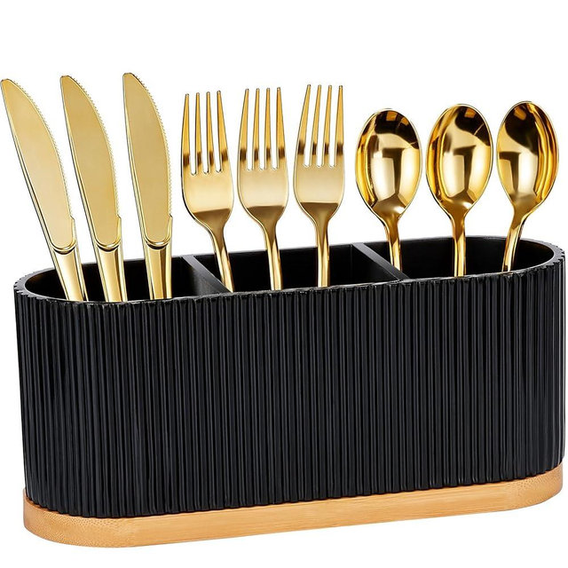 Countertop Silverware Holder, Silverware Caddy Organizer Holder for Forks, Spoons, Knives, Cutlery Caddy with 3 Compartments, Kitchen Utensil Holder for Party, Countertop, Black