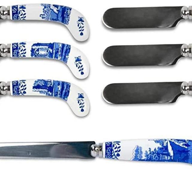 Spode Blue Italian Cheese Knife & 6 Spreaders (Gift Boxed)