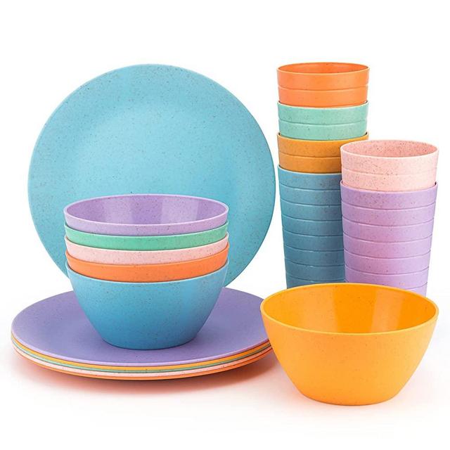 Wheat Straw Dinnerware Unbreakable Wheat Straw Tumblers, Bowls & Plates Dinnerware Set | Set of 18 in 6 Assorted Color | Dishwasher safe , BPA Free