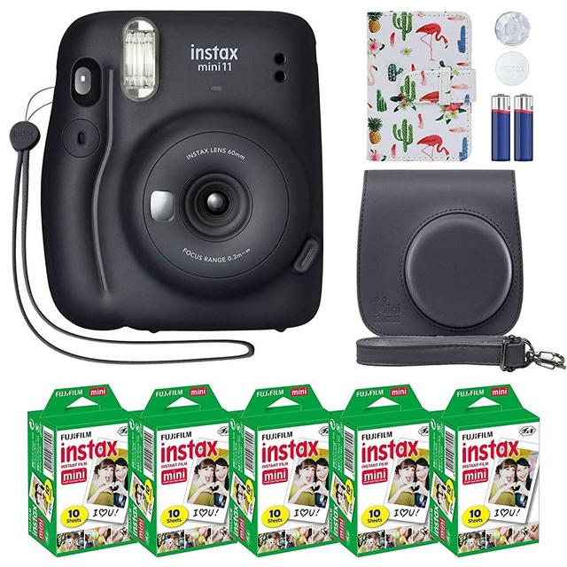 Fujifilm Instax Mini 11 Instant Camera + MiniMate Accessory Bundle & Compatible Custom Case + Fuji Instax Film Value Pack (50 Sheets) Flamingo Designer Photo Album (Charcoal Gray, Standard Packaging)