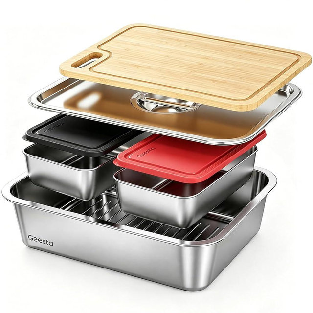 Geesta 5-in-1 Grilling Prep & Serve Tays, Grill Carry System, Stainless Steel BBQ Serving Platter, Marinating Container with Lid & Cutting Board, Outdoor Cooking Grill Accessories, Grilling Gift