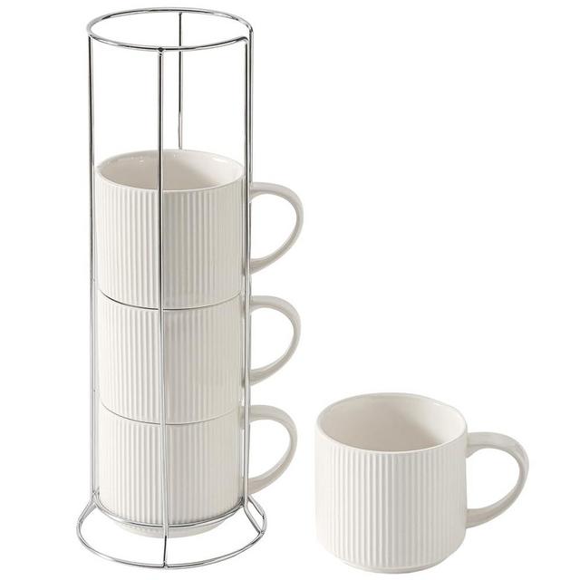 HASENSE Stackable Coffee Mugs,15oz Coffee mugs Set of 4,Ceramic Coffee Mug with Rack,Porcelain Coffee Cups for Latte,Cocoa, Americano, Hot Tea and Milk,Vertical Striped,White
