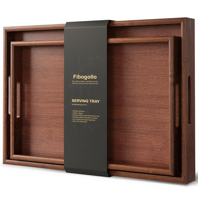 Fibogollo Bamboo Set of 2 Serving Tray with Handles,Decorative Trays Platter,Breakfast Tray in Bed,Food Drinks Tray for Eating,Working,Storing(Brown)