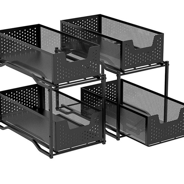 2 Pack - Simple Trending Stackable 2 Tier Under Sink Cabinet Organizer with Sliding Storage Drawer, Black