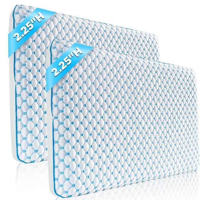 Flat Pillows for Sleeping Thin Memory Foam Pillows for Stomach and Back Sleepers, Cooling Gel Stomach Sleeping Pillow for Hot Sleepers, Low Memory Foam Pillow for Back Sleeper 2 Pack 2.25-Inches