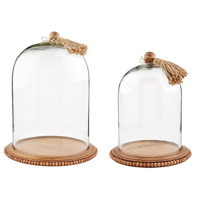 Mud Pie Beaded and Glass Tassel Cloche Set, Small 11 1/2" x 9" Large 15 1/2" x 12" Dia, Clear