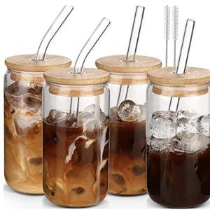 Glass Cups with Lids and Straws