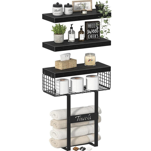 KLUVIS Bathroom Shelves Over Toilet - Floating Shelf for Wall Above Toilet Towels Holder Small Farmhouse Decor Shelves (15.7 inch, Set of 3, Black)