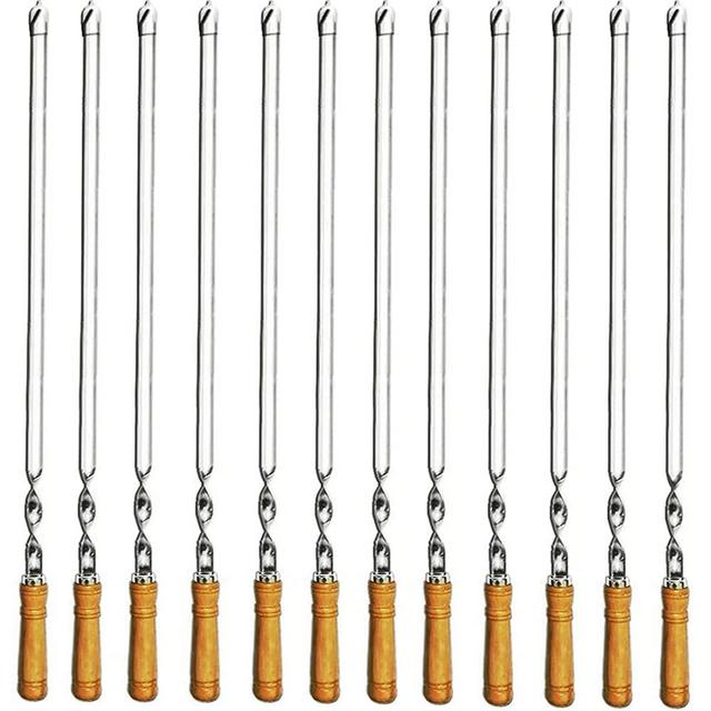 Amestar 12 Pack Kabob Skewers BBQ Barbecue Skewers Stainless Steel Sticks 23.5 Inch Heavy Duty Large Wide Reusable with Nonslip Wooden Handle Ideal for Shish Kebab Chicken Shrimp and Vegetables