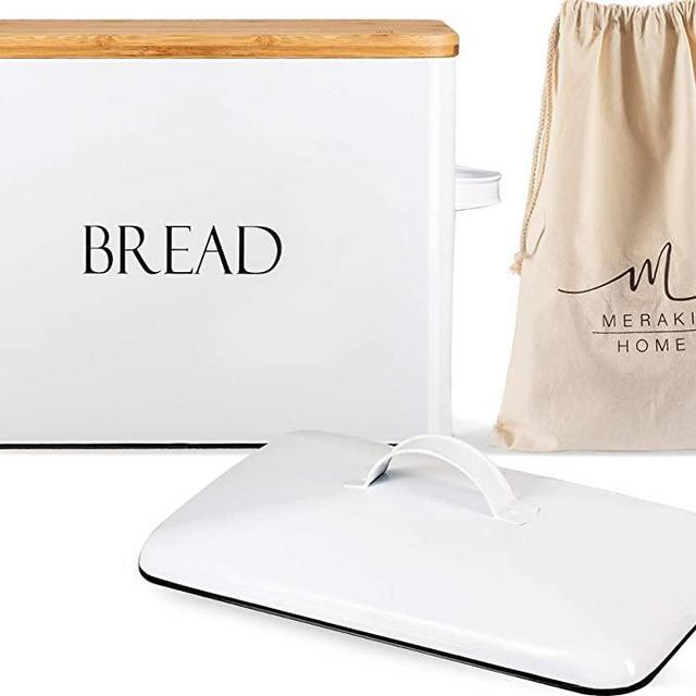 Bread Box for Kitchen Countertop - Metallic Lid - Bamboo Lid - Large Bread Storage 13'' x 9.5'' x 7'' Holds 2+ Loaves - Bread Bin Ventilation Holes - Vintage Bread Box - XLarge Organic Cotton Bag