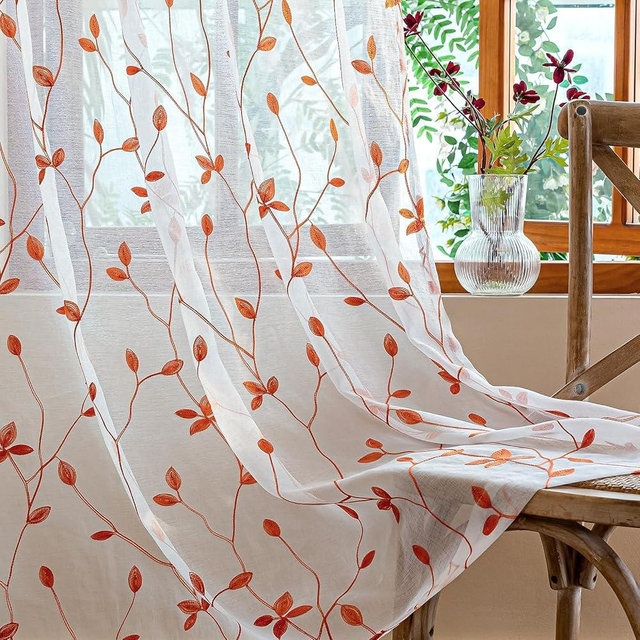 AmHoo 2 Panels Embroidered Leaf Pattern Semi Sheer Curtains Foliage Floral Voile Window Draperies Treatment for Bedroom Living Room Rod Pocket White Burnt Orange 53 x 63 Inch