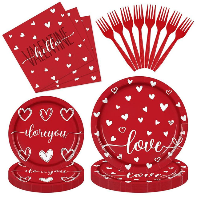 Wobeny 96 Pieces Valentine’s Day Tableware Set – Red and White Disposable Plates, Napkins, and Forks with Heart and Love Designs for Valentine’s Parties Romantic Celebrations – Serves 24 Guests