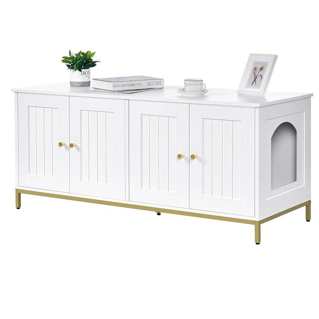 Homhedy Cat Litter Box Enclosure for 2 Cats, Cat Washroom Furniture with Double Room, Pet House with Metal Frame, 47.2”L x 17.7”W x 21.7”H, White and Gold