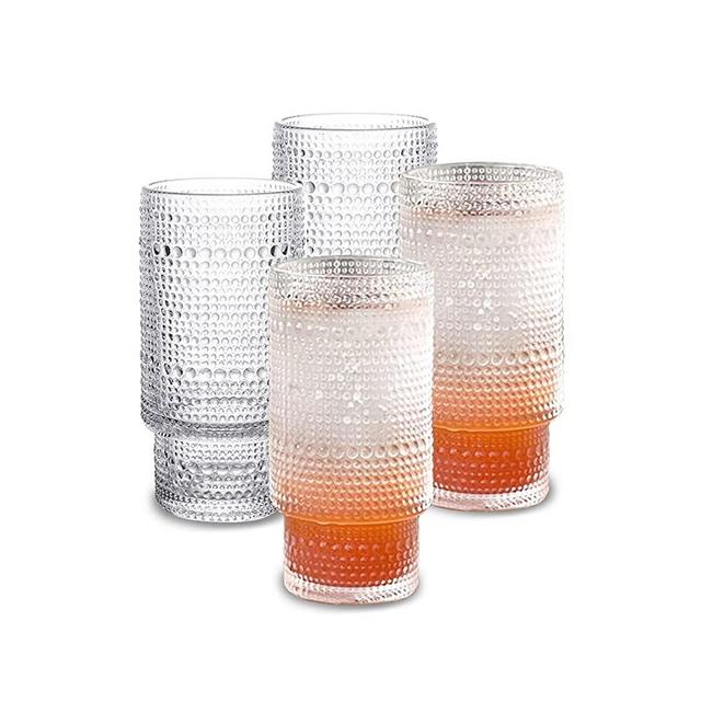 Glass Cups Vintage Glassware | Set of 4 Large, Raindrop Origami Style Transparent Cocktail Glasses Set, Beaded Detailing Pattern Ice Coffee Cup Juice Drinkware, Clear, 310ml (L)
