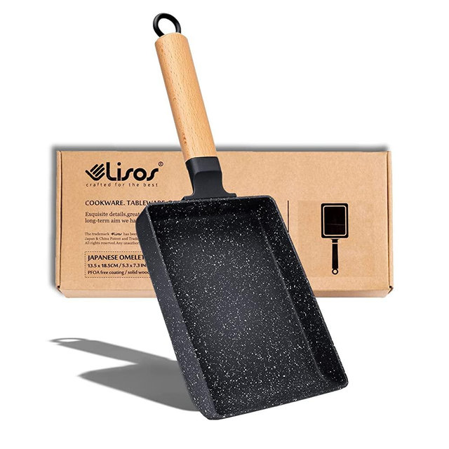 Tamagoyaki Pan Square Japanese Omelette Pan,Non-stick Egg Roll Pan,Rectangle Frying Pan Wood Handle,with Silicone Brush & Solid Wood Spetula,black