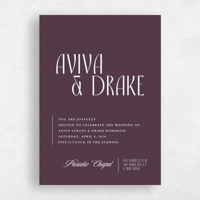 Dark Plum, Purple Wedding Invitation - Trogir Portrait