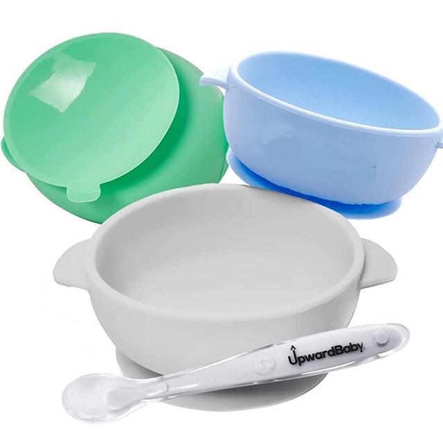 Baby Bowls with Suction - 4 Piece Silicone Set with Spoon for Babies Kids Toddlers - Upward Baby - BPA Free First Stage Self Feeding Utensils
