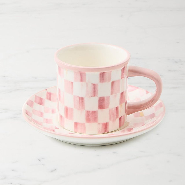 Mackenzie Childs Rosy Check Espresso Cup & Saucers, Set of 2