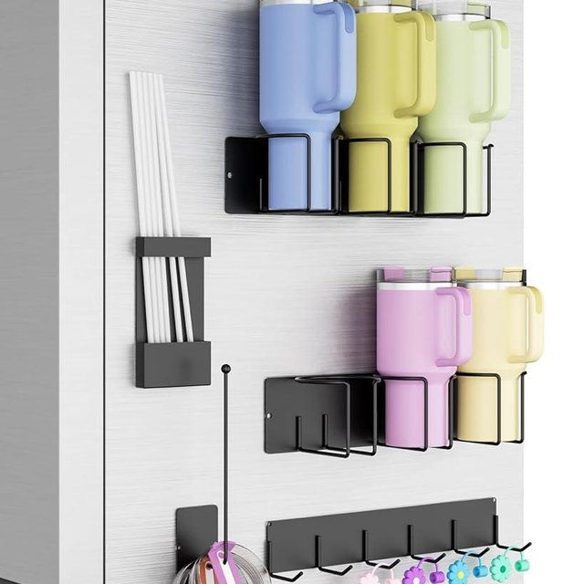 Magnetic Stanley Cup Holder for Fridge, Water Bottle Organizer for Stanley 30/40 oz, 5 Pack Set with Lid Organizer, Straw Rack & Hook, Stanley Cup Accessories, Thoughtful Gift for Tumbler Fans