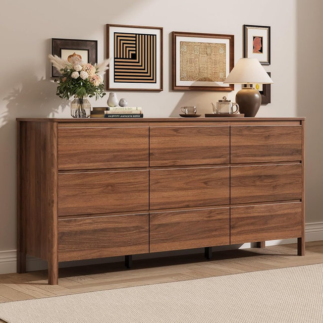 MAISONARIA Walnut 9 Drawer Dresser for Bedroom, 63" Modern Dresser with Hidden Handles, Space-Saving Wooden Drawer Organizer, Living Room, or Hallway, Vertical Storage Chest of Drawers