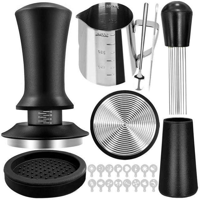 RIVKAWA 22 PCS Coffee Tamper Set, Espresso Accessories Tampers kit Barista Tools with 51mm Espresso Tamper, WDT Tool, Frothing Pitcher, Coffee Stirrer, Latte Art Pen, Tamper Mat, 16 Coffee Stencils