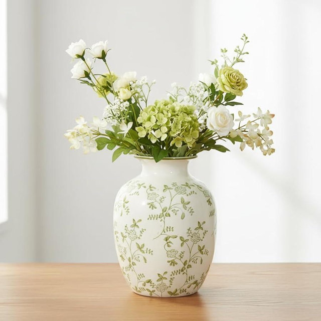 Wancetang Green and Beige Ceramic Vase for Pampas Grass, 7 Inch Vintage Floral Vase for Eucalyptus, Botanical, Home Decor for Bathroom, Bedroom, Nightstand