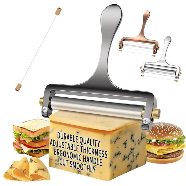 TOPULORS Cheese Slicer Cheese Cutter Stainless Steel Wire Cheese Slicer for Mozzarella, Cheddar, Gouda, And More Block Cheese - Heavy Duty Slicer With 1 Extra Replacement Cutting Wire - Gunmetal Gray