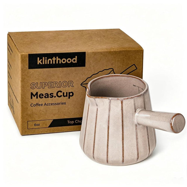 Ceramic Espresso Cup with Handle, Striped Design, 6oz/180ml Capacity,Expresso Measuring Shots Cups with Spout,Espresso Accessories,Coffee Cup,Milk Measuring Cup(pinkish brown)