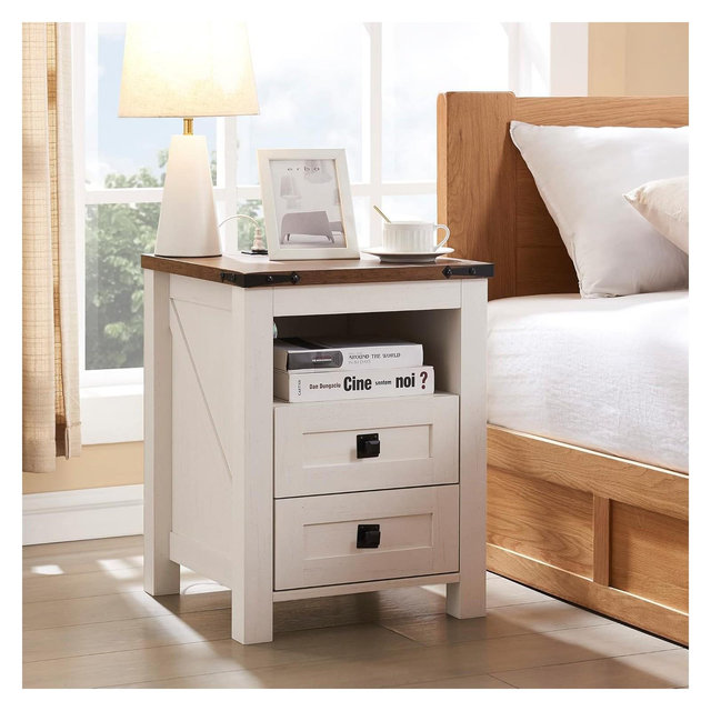 Farmhouse Nightstand wtih Charging Station, 18" End Table Side Table with 2 Drawers for Bedroom, Living Room, White