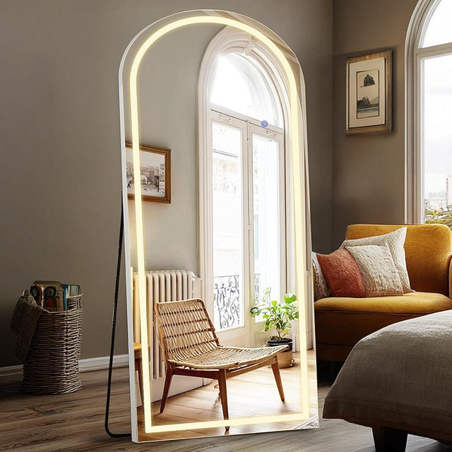 DUMOS Arched Full Length Mirror with Light- 26"×70" LED Floor Standing Mirror with 3 Color Lights & Wall Mounted for Bedroom, Dressing Room, Living Room, Bathroom