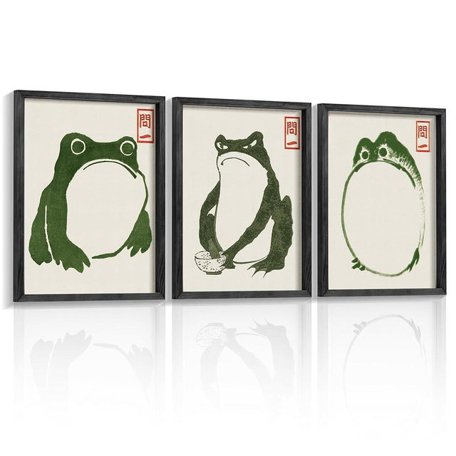 Houmury Set of 3 Framed Japanese Frog Wall Art Decor Vintage Wall Signs Cute Minimalist Decors