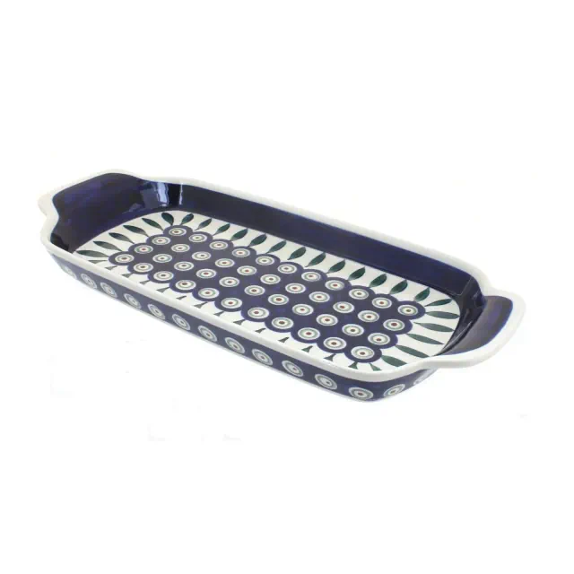 Blue Rose Polish Pottery Peacock Bread Tray with Handles