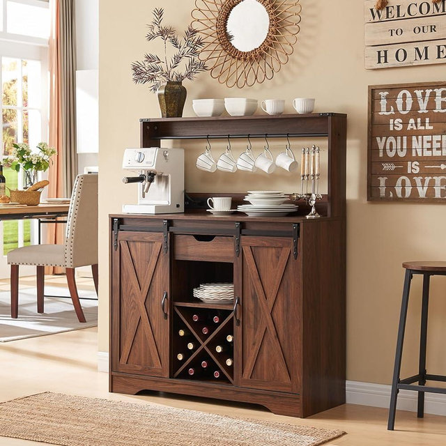 Wnutrees Farmhouse Coffee Bar Cabinet with Charging Station and USB Ports,Sliding Barn Door,43" Kitchen Hutch Sideboard Buffet Storage Cabinet,Fits Kitchen Dining Living Room, Brown