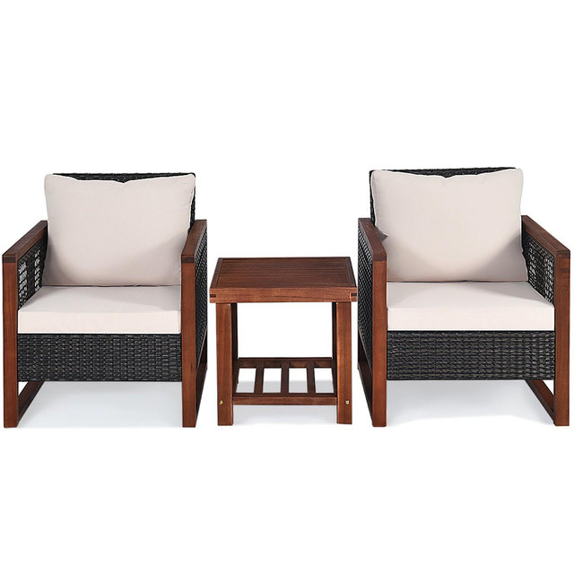 Tangkula 3PCS Rattan Wicker Patio Conversation Set Outdoor Furniture Set w/ Cushion