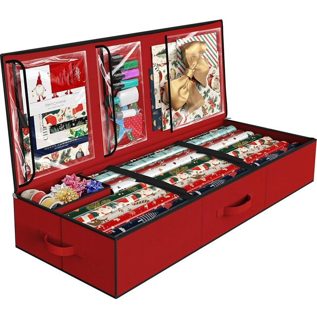 Simple Houseware Wrapping Paper Organizer - Under Bed Storage for 25-40 Rolls Gift Wrapping Paper, Gift Bags, Ribbons, 41.5''L x 16''W, Red
