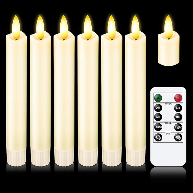 KSWING Upgraded Real Wax Short LED Flameless Taper Candles with Remote, 6 PCS Ivory Candlesticks Battery Operated 3D Flickering - 6" Realistic Fake Candle Sticks for Home/Wedding/Fireplace Xmas Decor