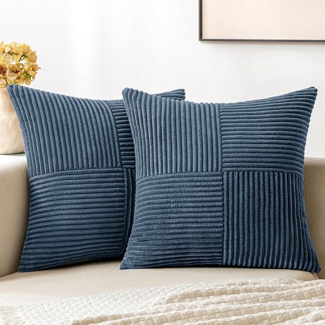 MIULEE Blue Corduroy Pillow Covers Pack of 2 Boho Decorative Spliced Throw Pillow Covers Soft Solid Couch Pillowcases Cross Patchwork Textured Cushion Covers for Living Room Bed Sofa 18x18 inch