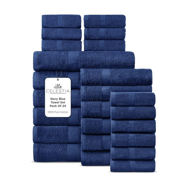 Villa Celestia 100% Cotton Bath Towel Set of 24-6 Bath Towels, 6 Hand Towels, 12 Wash Cloths, Sustainable, Soft, Highly Absorbent, Combed Cotton 24 Piece Set for Hotels, Spa, Bathroom, Dorm, Navy Blue