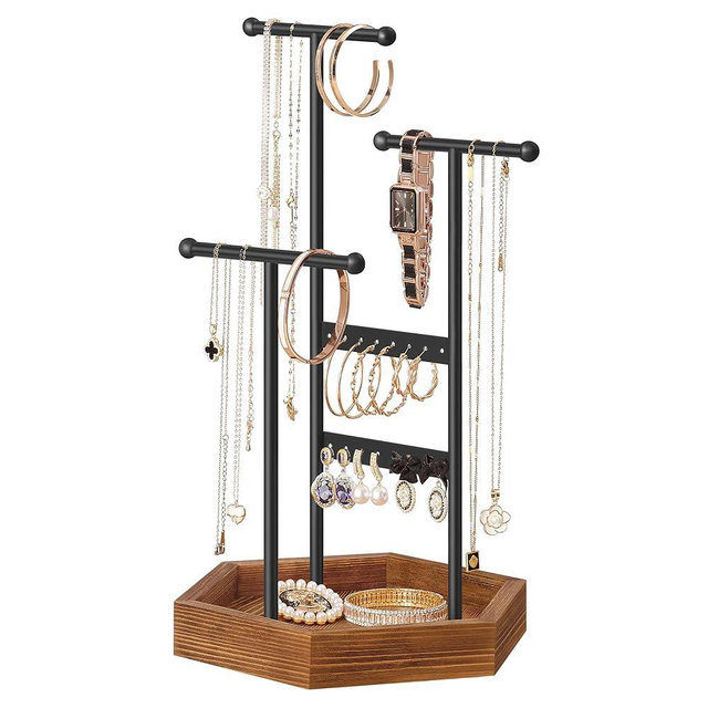 SONGMICS Jewelry Holder, Jewelry Organizer, 3 Tiers and 1 Tray, Jewelry Display Stand with Metal Frame, Necklace Earring Bracelet Holder, for Rings, Ink Black and Caramel Brown UJJS03CB