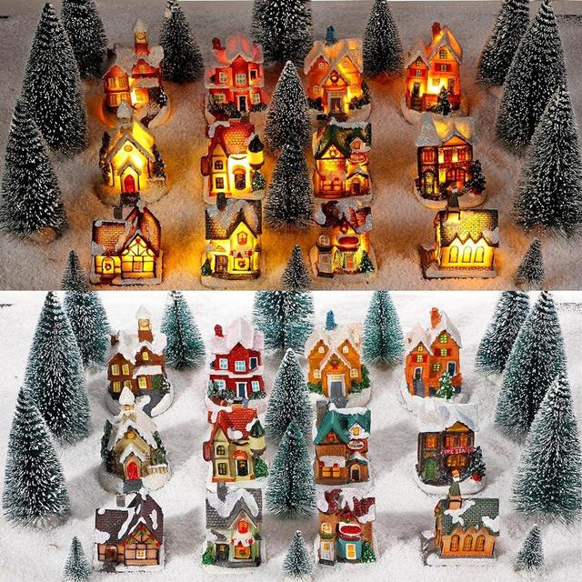 Kajaia 12 Pieces Christmas Winter Houses Village with 12 Pieces Trees Lamp LED Lights Christmas Winter Village Figurine Town Buildings Accessories for Thanksgiving Halloween (White,Classic Style)