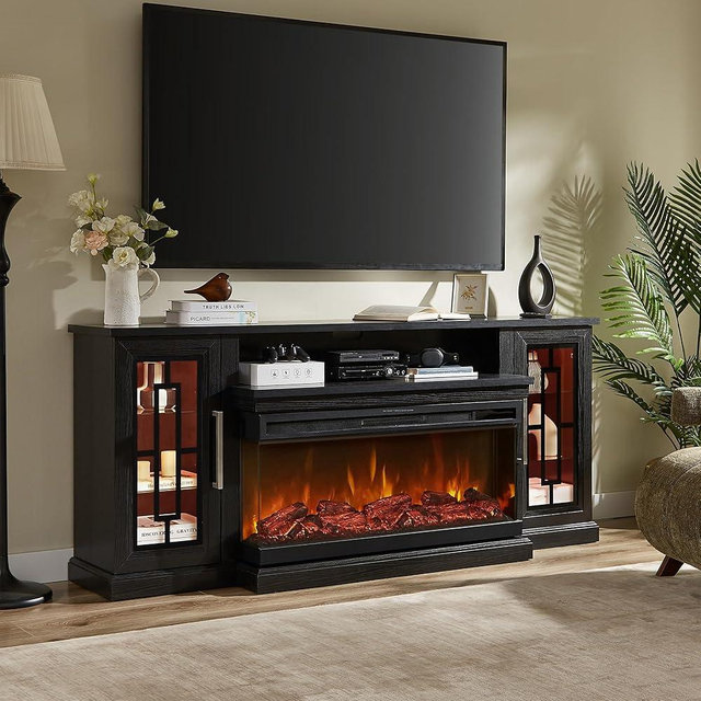 Unineo 75 Inch Electric Fireplace TV Stand, 3- Side Glass LED Modern Media Entertainment Center Console Table for TVs up to 80/85 Inch w/Adjustable Flame, 40’’ Fireplace, Highboy, Black