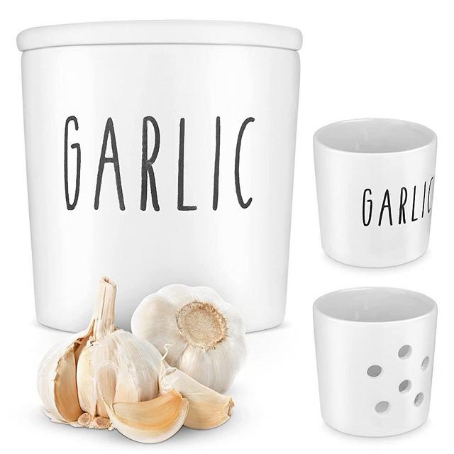 Garlic Keeper - Garlic Holder Storage Container - Round Ceramic Garlic Saver Used To Keep Your Garlic Cloves Fresh For Longer - Simple Classic Vented White Garlic Keeper and Saver for All Kitchens