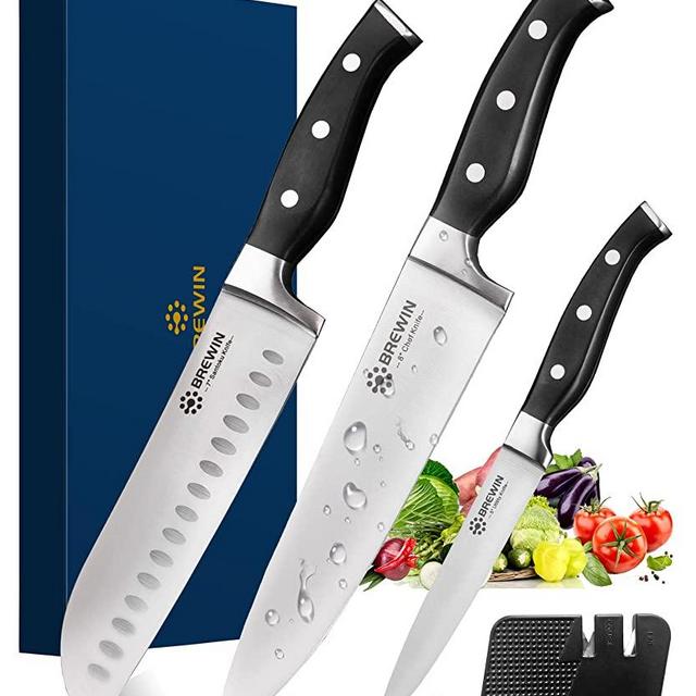 Brewin Professional Chef Knife Set 3PCS, Ultra Sharp Knives Set for Kitchen High Carbon Stainless Steel Kitchen Knife Sets Full Tang Ergonomic Handle Japanese Cooking Knife with Gift Box