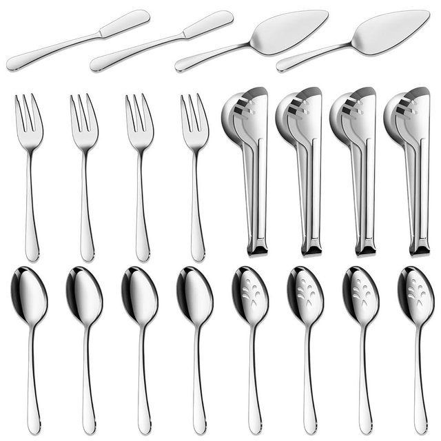 BEWOS Serving Utensils, 20-Piece Large Serving set, Serving Spoons, Slotted Spoons, Serving Tongs & Forks, Cake Server, Butter Knife, Stainless Steel Serving Utensils Set for Parties, Dishwasher Safe