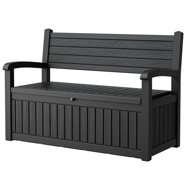 GULAIMOAO 80 Gallon Outdoor Storage Box,Resin Stripes Deck Box Doubles as 2-Person Bench Seat,Waterproof Storage Outdoor Porch Bench for Cushions,Garden Tools and Pool Supplies Black