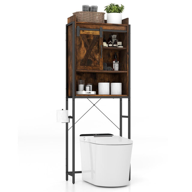 Tangkula Over The Toilet Storage Cabinet 4-Tier Bathroom Organizer w/ Adjustable Shelves Sliding Barn Door & Toilet Paper Holder Rustic Brown