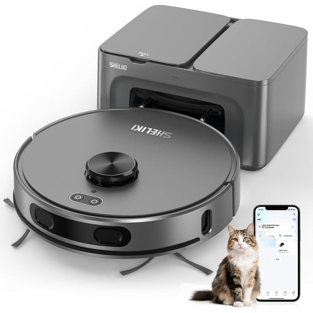 SHELIKI Robot Vacuum and Mop Combo, 3-in-1 Robotic Vacuums Cleaner with 70-Day Self-Emptying Base, LiDAR Navigation Smart Mapping & Strong 6000Pa Suction, for Pet Hair, Hard Floor, Carpet